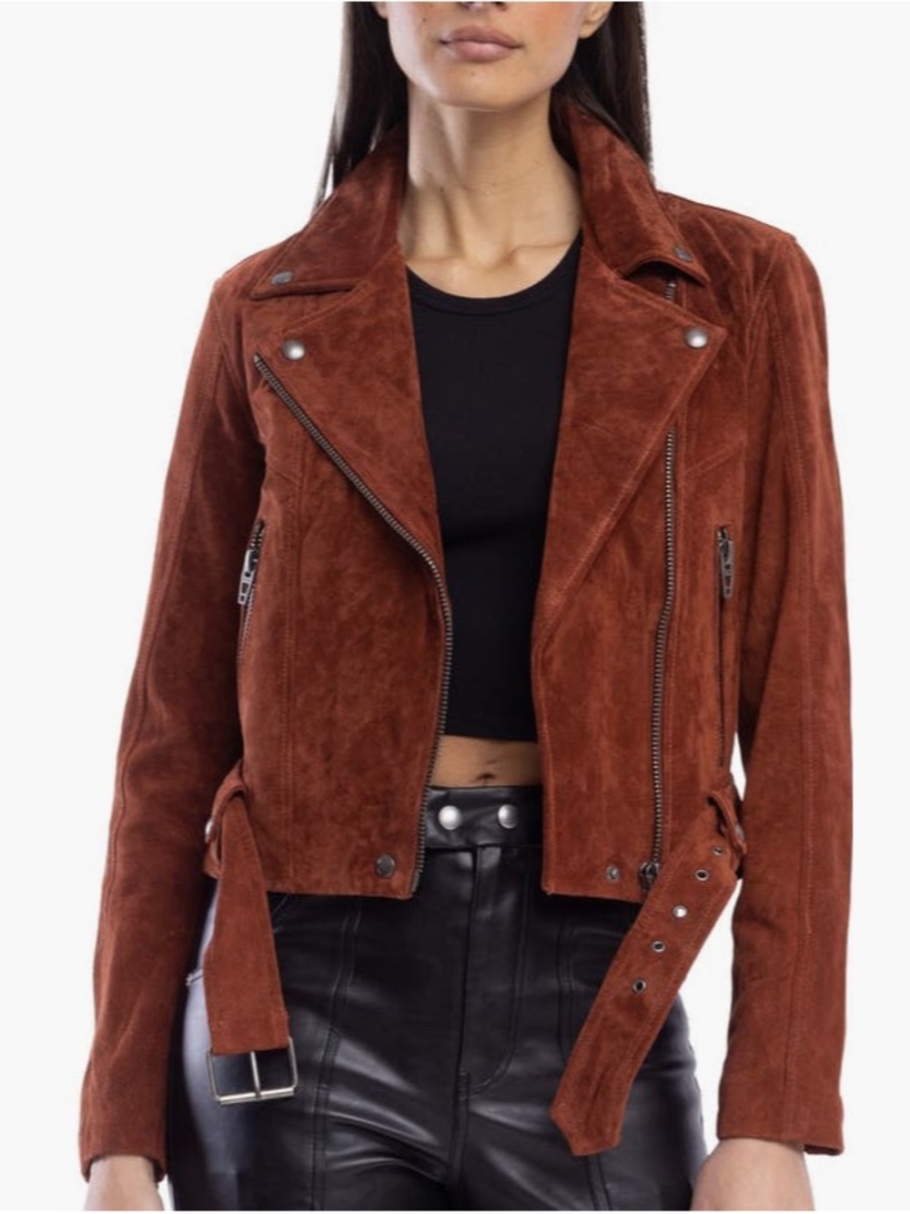 Blank NYC Cropped Suede Moto Jacket in Rust